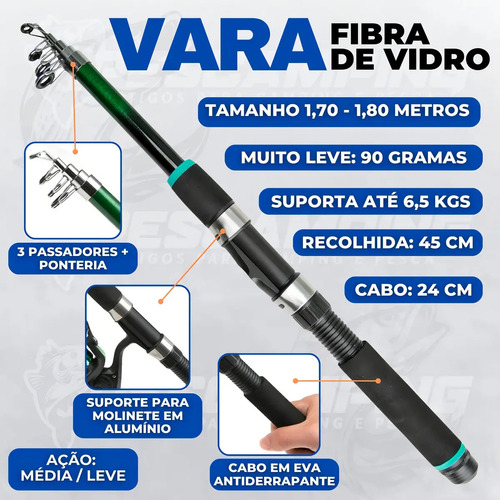 Kit de Pesca Pescamping com 2 Varas Telescópicas e 2 Molinetes, Maleta Completa para Pescaria