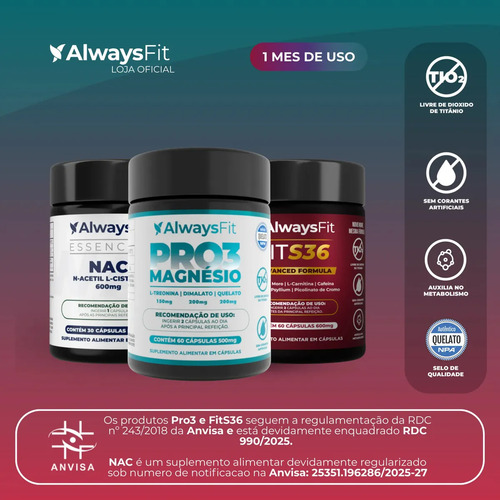Kit Desintoxique Da Alwaysfit Pro3magnésio + Nac E Fits36 Sem Sabor