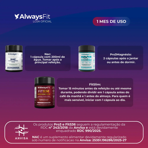 Kit Desintoxique Da Alwaysfit Pro3magnésio + Nac E Fits36 Sem Sabor