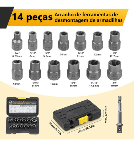 Kit Extração De Parafuso E Porca De Impacto Extrato 14 Pcs