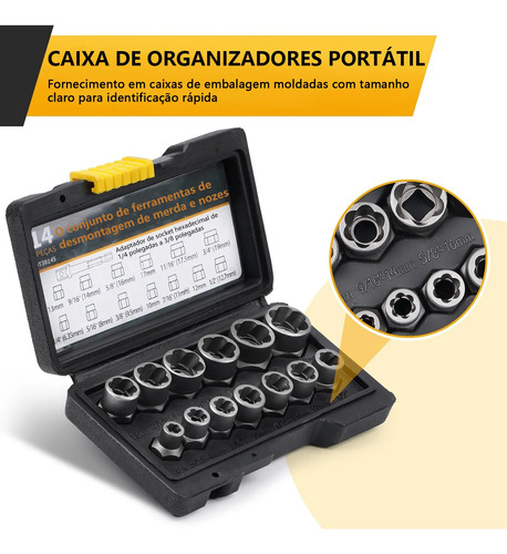 Kit Extração De Parafuso E Porca De Impacto Extrato 14 Pcs