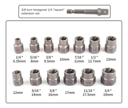 Kit Extração De Parafuso E Porca De Impacto Extrato 14 Pcs