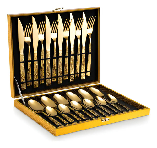 Kit faqueiro dourado luxo jogo talheres inox 24pcs maleta