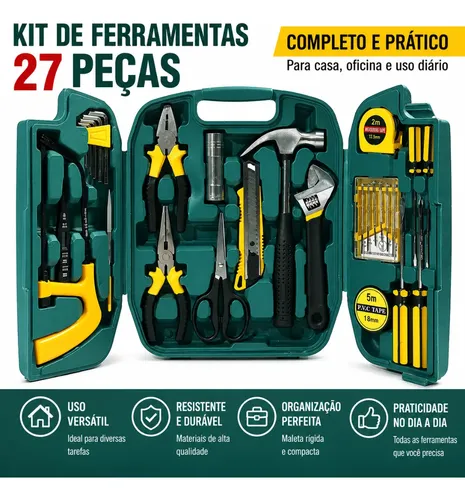 Kit Ferramentas 27 Peças Completo Alicates Martelo Multiuso