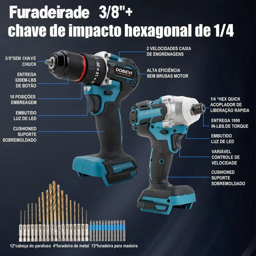 Kit Furadeira Parafusadeira + Chave De Impacto Dobevi,35pcs