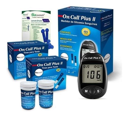 Kit glicosimetro on call plus ii azul escuro com 100 tiras e