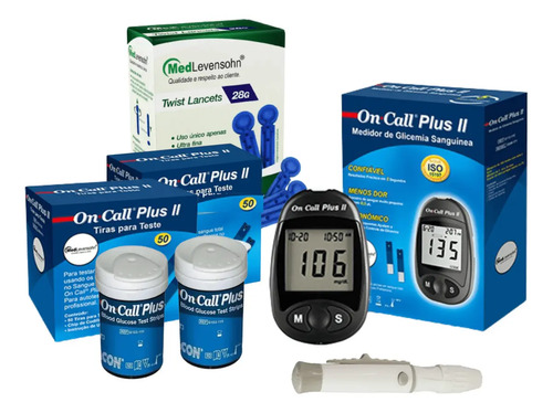 Kit Glicosímetro On Call Plus II Azul Escuro com 100 Tiras e 100 Lancetas