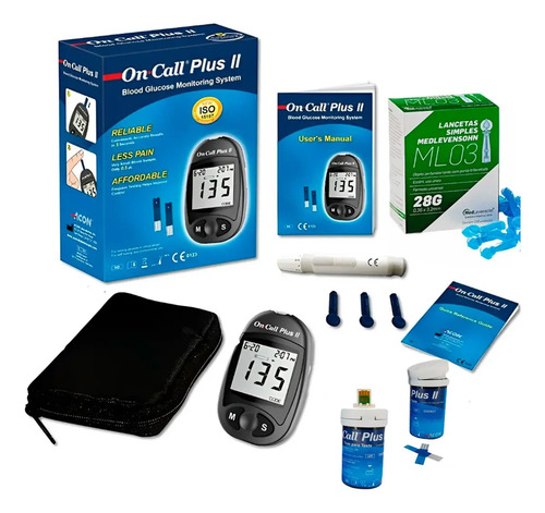 Kit Glicosímetro On Call Plus II Azul Escuro com 100 Tiras e 100 Lancetas