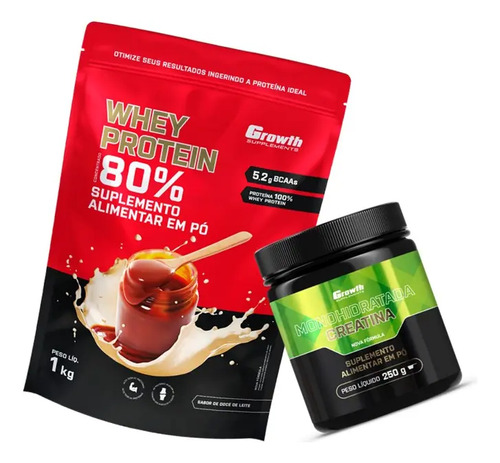 Kit Growth: Whey Protein Doce De Leite 1kg + Creatina Monohidratada Sem Sabor 250g