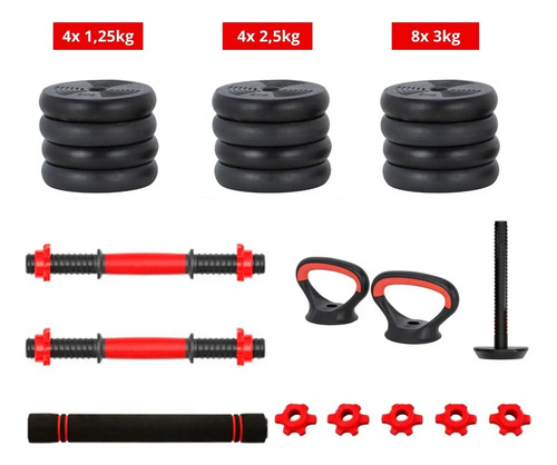 Kit Halteres 6 Em 1 Peso Musculação Até 40kg Ajustável Halter, Kettlebell, Anilha Cor Preto-Vermelho + E-book