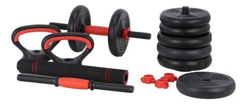 Kit Halteres 6 Em 1 Peso Musculação Até 40kg Ajustável Halter, Kettlebell, Anilha Cor Preto-Vermelho + E-book