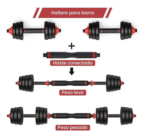 Kit Halteres 6 Em 1 Peso Musculação Até 40kg Ajustável Halter, Kettlebell, Anilha Cor Preto-Vermelho + E-book