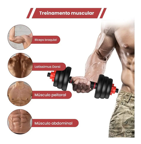 Kit Halteres 6 Em 1 Peso Musculação Até 40kg Ajustável Halter, Kettlebell, Anilha Cor Preto-Vermelho + E-book