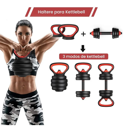 Kit Halteres 6 Em 1 Peso Musculação Até 40kg Ajustável Halter, Kettlebell, Anilha Cor Preto-Vermelho + E-book