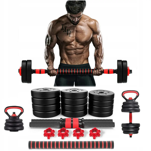 Kit halteres barra e anilhas musculacao kettlebell ajustavei