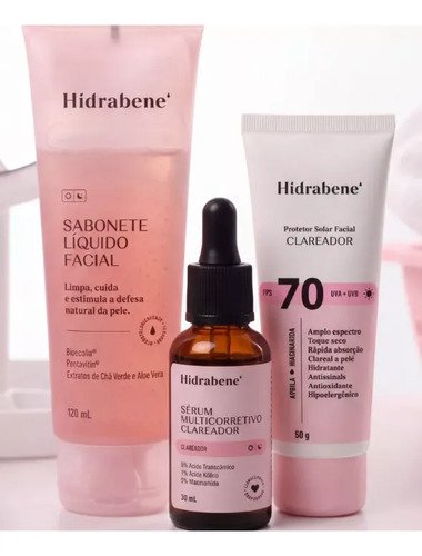 Kit hidrabene linha clareadora sabonete serum e protetor 70