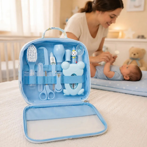 Kit higiene bebe completo azul bolsa maternidade termometro 1