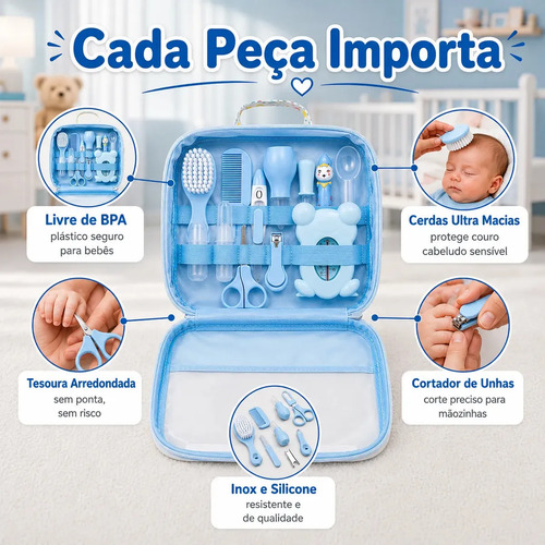 Kit Higiene Bebê Completo Azul Bolsa Maternidade Termômetro Digital Escova Pente Cortador Unha Aspirador Nasal Cuidados Recém Nascido Enxoval Acessórios Higiene Infantil Segurança Louis Riel Acustico