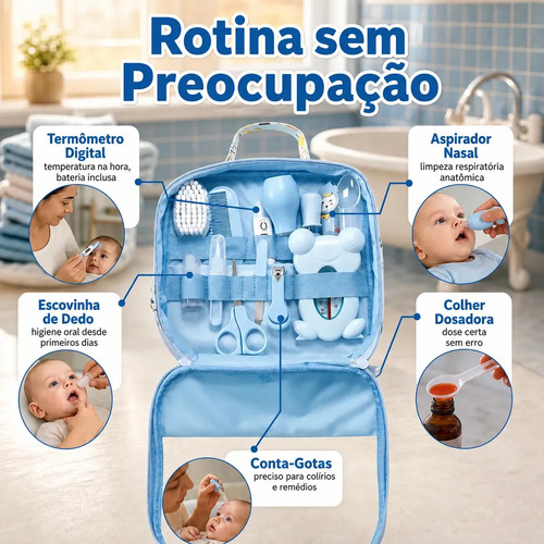 Kit Higiene Bebê Completo Azul Bolsa Maternidade Termômetro Digital Escova Pente Cortador Unha Aspirador Nasal Cuidados Recém Nascido Enxoval Acessórios Higiene Infantil Segurança Louis Riel Acustico
