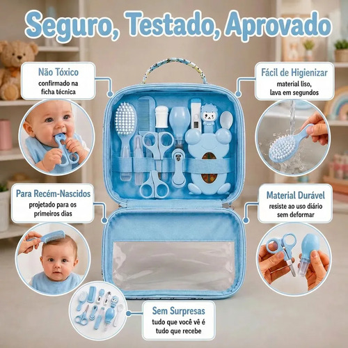 Kit Higiene Bebê Completo Azul Bolsa Maternidade Termômetro Digital Escova Pente Cortador Unha Aspirador Nasal Cuidados Recém Nascido Enxoval Acessórios Higiene Infantil Segurança Louis Riel Acustico