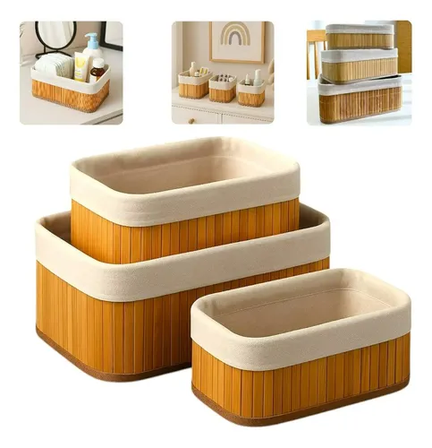 Kit jogo 3 cestos organizadores de bambu multiuso com forro