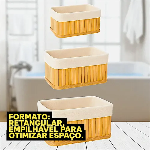 Kit Jogo 3 Cestos Organizadores De Bambu Multiuso Com Forro