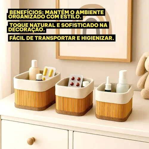 Kit Jogo 3 Cestos Organizadores De Bambu Multiuso Com Forro