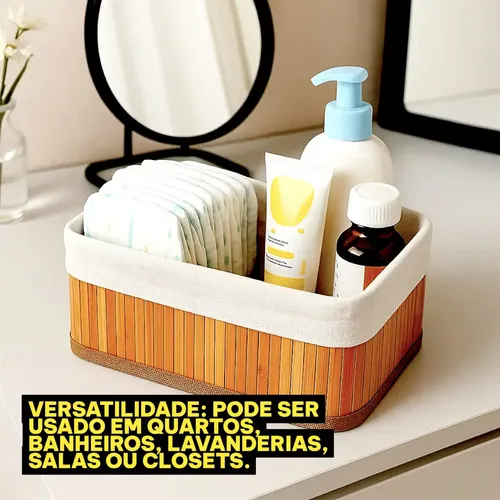 Kit Jogo 3 Cestos Organizadores De Bambu Multiuso Com Forro