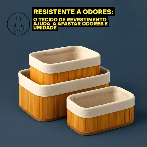 Kit Jogo 3 Cestos Organizadores De Bambu Multiuso Com Forro