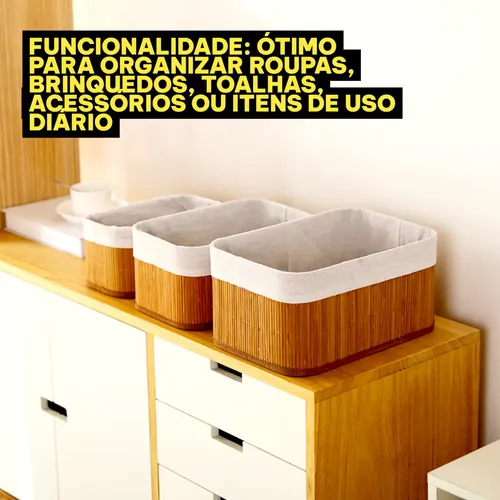 Kit Jogo 3 Cestos Organizadores De Bambu Multiuso Com Forro