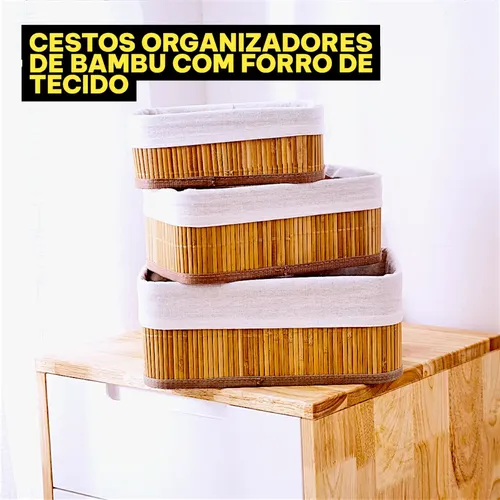 Kit Jogo 3 Cestos Organizadores De Bambu Multiuso Com Forro