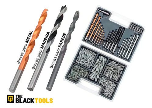 Kit Jogo De Ferramentas 129 Peças Com Jogo De 40 Soquetes Chaves E Kit 300 Peças Brocas E Buchas The Black Tools