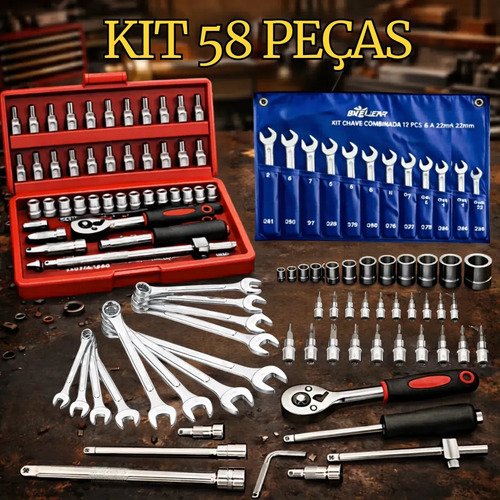 Kit jogo de ferramentas 58 pecas completo profissional soque