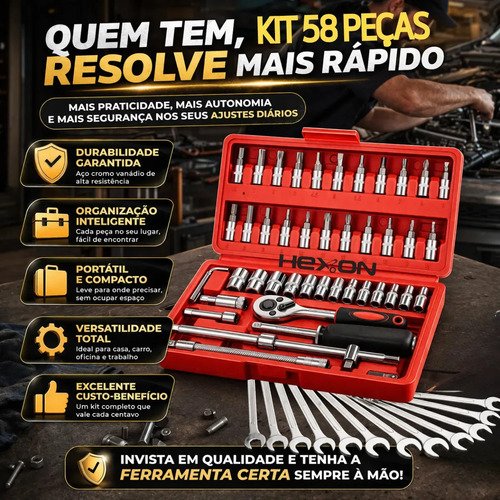 Kit Jogo De Ferramentas 58 Peças Completo Profissional Soquete 46 Peças + Chave Combinada 12 Peças Conserto Carro Moto Casa Oficina Kit Soquetes Com Catraca 46 Peças + Jogo 12 Chaves + Maleta Hexon