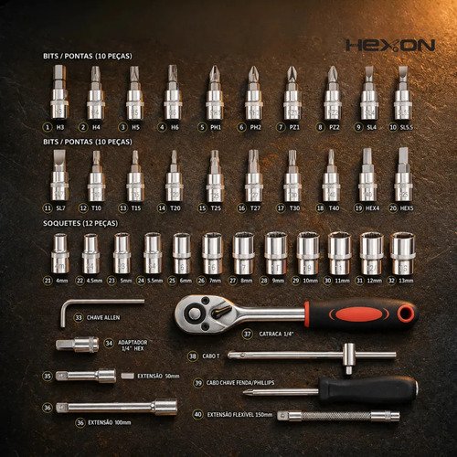 Kit Jogo De Ferramentas 58 Peças Completo Profissional Soquete 46 Peças + Chave Combinada 12 Peças Conserto Carro Moto Casa Oficina Kit Soquetes Com Catraca 46 Peças + Jogo 12 Chaves + Maleta Hexon