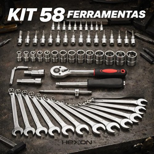 Kit Jogo De Ferramentas 58 Peças Completo Profissional Soquete 46 Peças + Chave Combinada 12 Peças Conserto Carro Moto Casa Oficina Kit Soquetes Com Catraca 46 Peças + Jogo 12 Chaves + Maleta Hexon