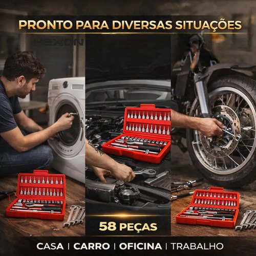 Kit Jogo De Ferramentas 58 Peças Completo Profissional Soquete 46 Peças + Chave Combinada 12 Peças Conserto Carro Moto Casa Oficina Kit Soquetes Com Catraca 46 Peças + Jogo 12 Chaves + Maleta Hexon