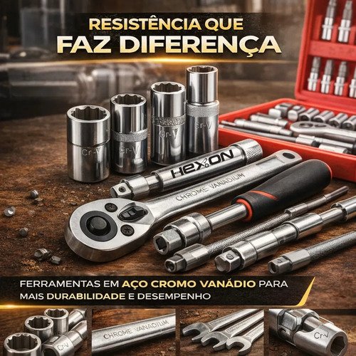 Kit Jogo De Ferramentas 58 Peças Completo Profissional Soquete 46 Peças + Chave Combinada 12 Peças Conserto Carro Moto Casa Oficina Kit Soquetes Com Catraca 46 Peças + Jogo 12 Chaves + Maleta Hexon