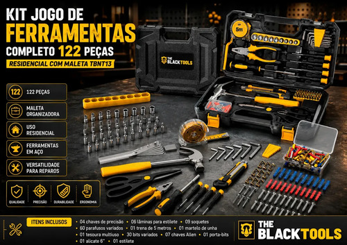 Kit Jogo De Ferramentas Completo 122 Peças Com Soquetes Chaves Martelo Trena Alicate Bits Maleta TBNT13 The Black Tools