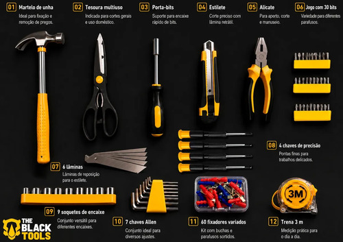 Kit Jogo De Ferramentas Completo 122 Peças Com Soquetes Chaves Martelo Trena Alicate Bits Maleta TBNT13 The Black Tools
