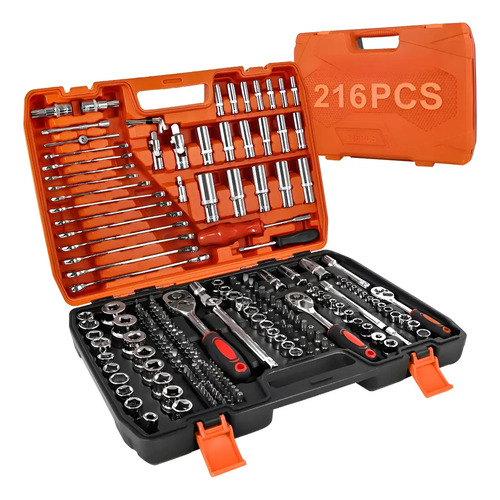 Kit jogo de soquete chave catraca 216 pcs aco cr v vermelho 1