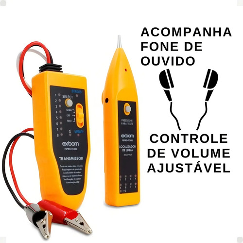 Kit Localizador Zumbidor e Testador de Cabos de Rede RJ45 e RJ11 Exbom FEPRO-TC300
