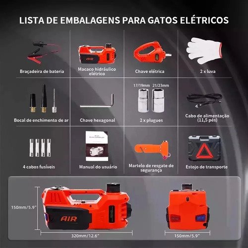 Kit Macaco Elétrico Hidráulico 5 Ton para Carro com Chave de Impacto e Inflador de Pneus