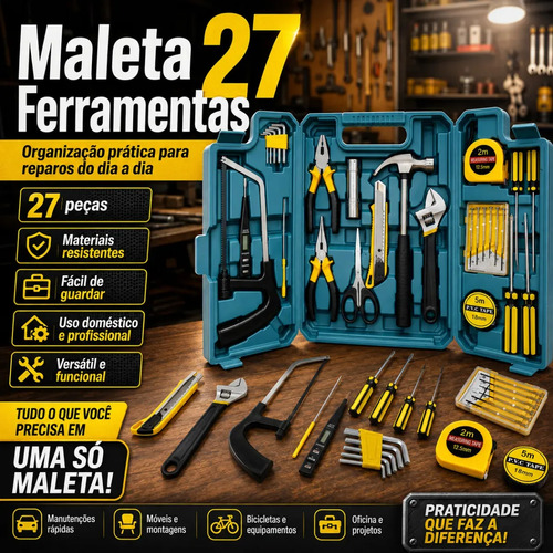 Kit Maleta Jogo Ferramentas 27 Peças Residencial Completa Conserto Oficina Manutenção Chave Inglesa, Estilete, Chaves Allen, Fenda E Phillips, Lanterna, Martelo, Serra, Tesoura, Trena, Fita Isolante