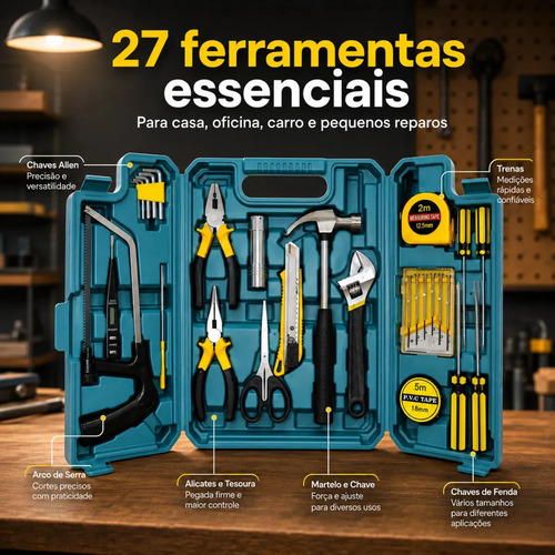 Kit Maleta Jogo Ferramentas 27 Peças Residencial Completa Conserto Oficina Manutenção Chave Inglesa, Estilete, Chaves Allen, Fenda E Phillips, Lanterna, Martelo, Serra, Tesoura, Trena, Fita Isolante