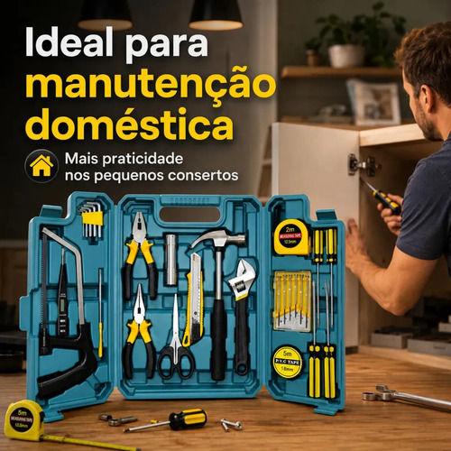 Kit Maleta Jogo Ferramentas 27 Peças Residencial Completa Conserto Oficina Manutenção Chave Inglesa, Estilete, Chaves Allen, Fenda E Phillips, Lanterna, Martelo, Serra, Tesoura, Trena, Fita Isolante
