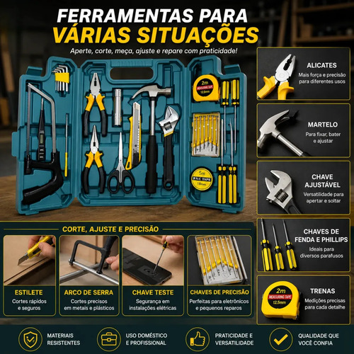 Kit Maleta Jogo Ferramentas 27 Peças Residencial Completa Conserto Oficina Manutenção Chave Inglesa, Estilete, Chaves Allen, Fenda E Phillips, Lanterna, Martelo, Serra, Tesoura, Trena, Fita Isolante