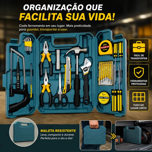 Kit Maleta Jogo Ferramentas 27 Peças Residencial Completa Conserto Oficina Manutenção Chave Inglesa, Estilete, Chaves Allen, Fenda E Phillips, Lanterna, Martelo, Serra, Tesoura, Trena, Fita Isolante