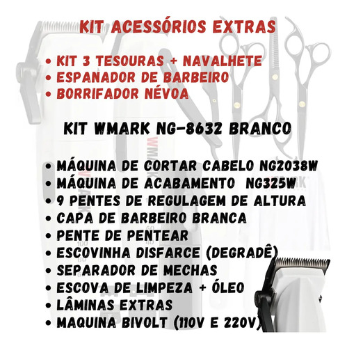 Kit Maquina de Cortar Cabelo Acabamento Wmark Ng8632 cor Branco