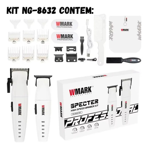 Kit Maquina de Cortar Cabelo Acabamento Wmark Ng8632 cor Branco